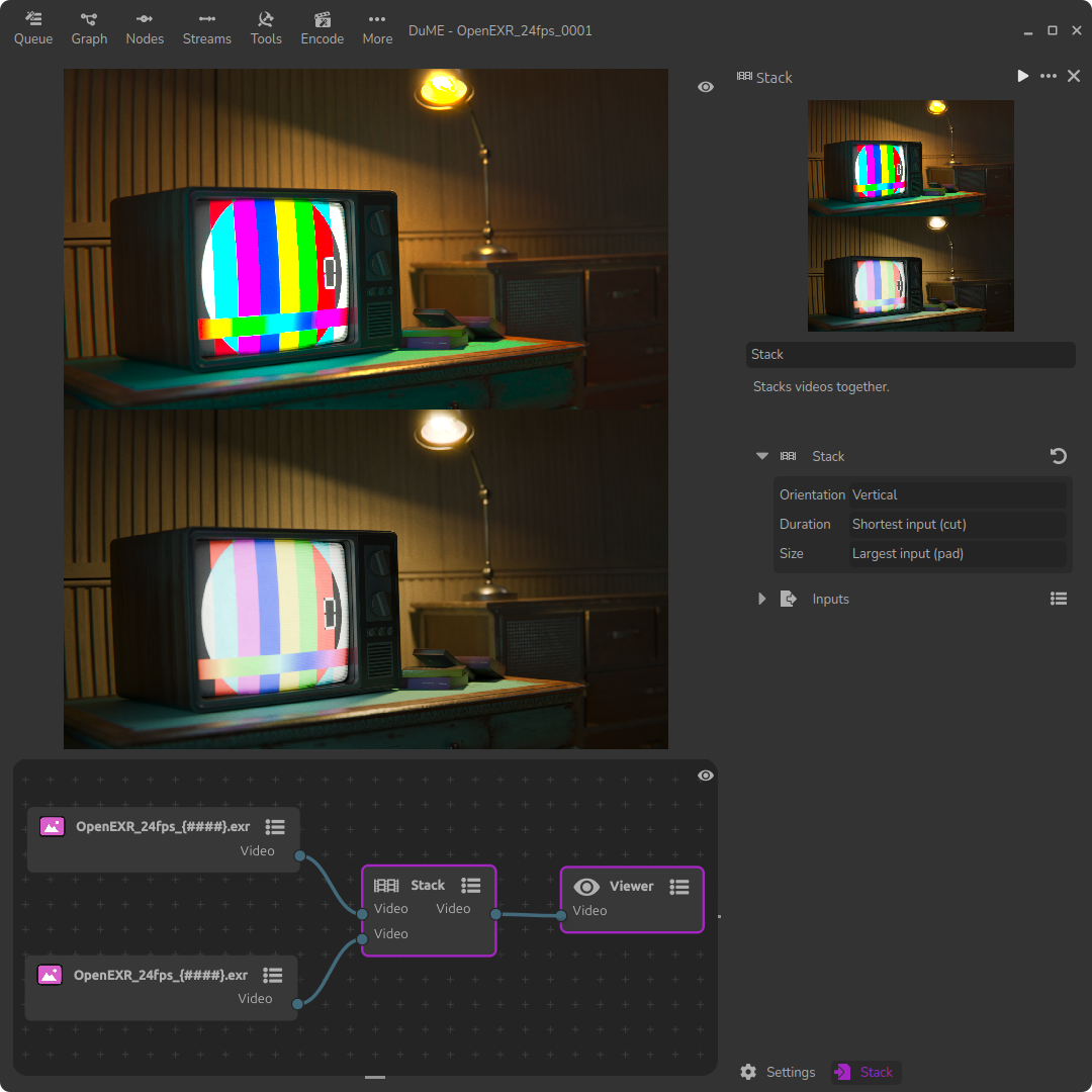 DuME Screenshot showing a graph and comparing two 3D renders